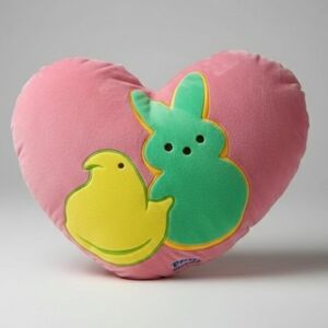 Peeps 2014 Pink Heart Shaped Plush Pillow Stitched Chick & Bunny 17”